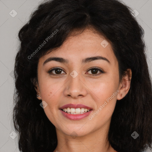 Joyful latino young-adult female with long  brown hair and brown eyes