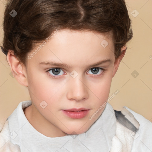 Joyful white child female with short  brown hair and brown eyes