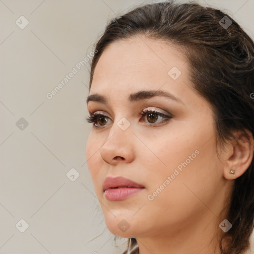 Neutral white young-adult female with medium  brown hair and brown eyes