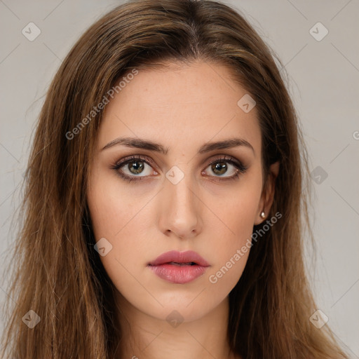 Neutral white young-adult female with long  brown hair and brown eyes