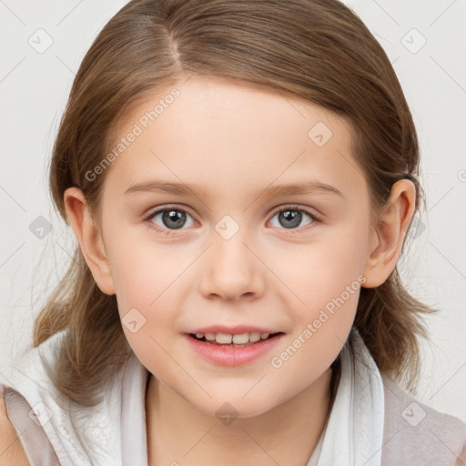 Joyful white child female with medium  brown hair and brown eyes