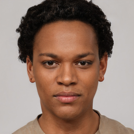 Neutral black young-adult female with short  black hair and brown eyes