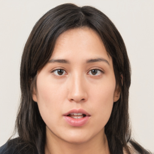 Neutral asian young-adult female with long  brown hair and brown eyes