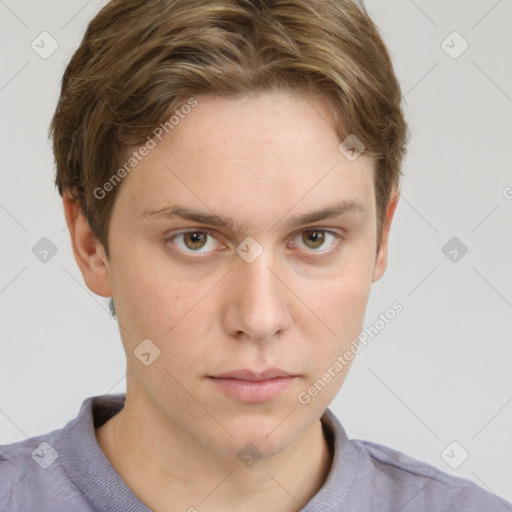 Neutral white young-adult male with short  brown hair and grey eyes