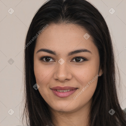 Joyful latino young-adult female with long  brown hair and brown eyes