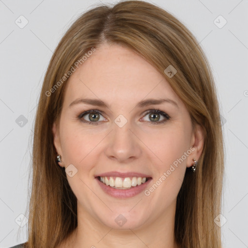 Joyful white young-adult female with long  brown hair and grey eyes