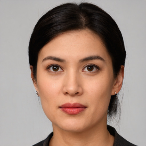 Neutral white young-adult female with medium  black hair and brown eyes