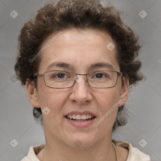 Joyful white adult female with short  brown hair and brown eyes