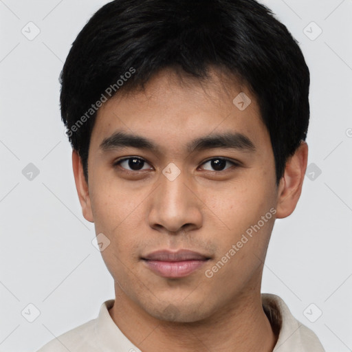 Neutral asian young-adult male with short  black hair and brown eyes