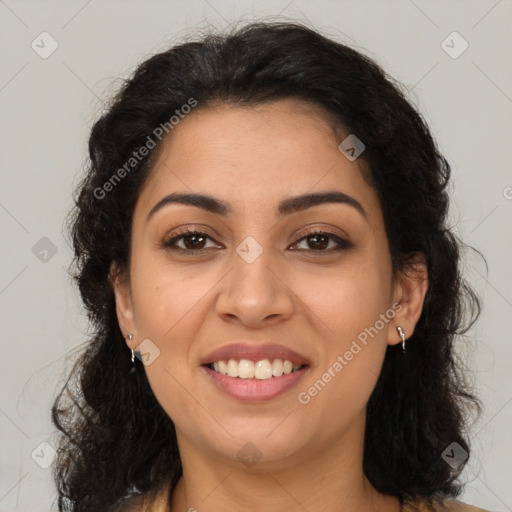 Joyful latino young-adult female with long  brown hair and brown eyes