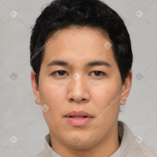 Neutral asian young-adult male with short  black hair and brown eyes