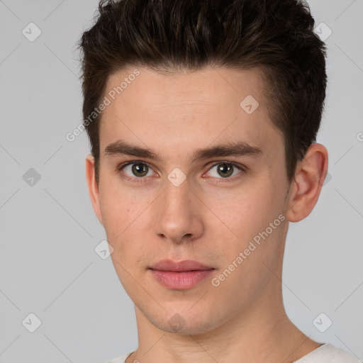 Neutral white young-adult male with short  brown hair and brown eyes