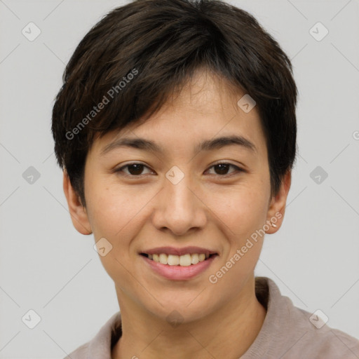 Joyful white young-adult female with short  brown hair and brown eyes