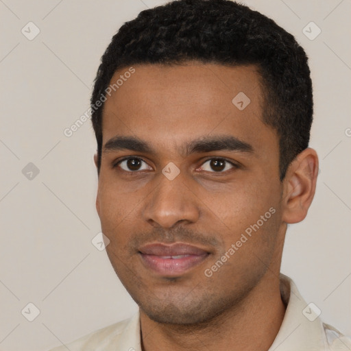 Joyful black young-adult male with short  black hair and brown eyes