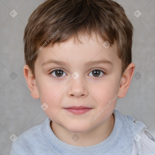 Joyful white child male with short  brown hair and brown eyes