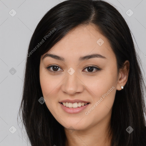 Joyful asian young-adult female with long  brown hair and brown eyes