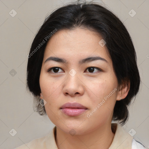 Neutral asian young-adult female with medium  black hair and brown eyes