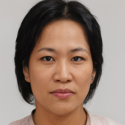 Joyful asian adult female with medium  brown hair and brown eyes