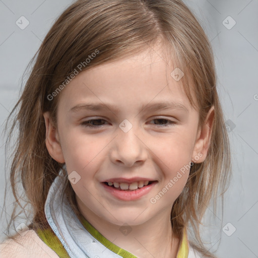 Joyful white child female with medium  brown hair and brown eyes