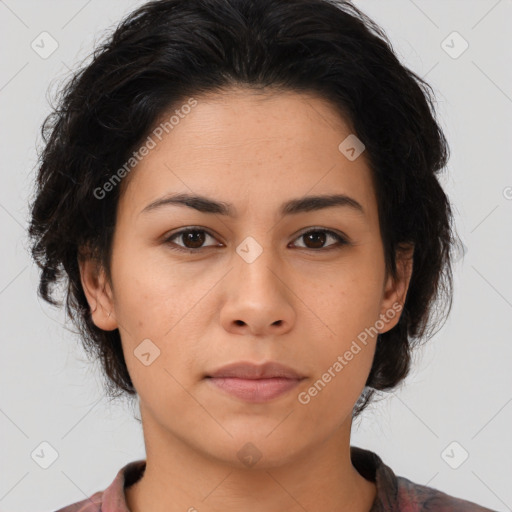 Neutral latino young-adult female with medium  brown hair and brown eyes