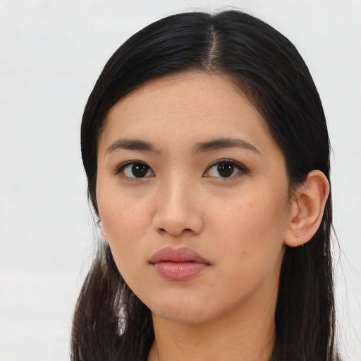 Neutral asian young-adult female with long  black hair and brown eyes