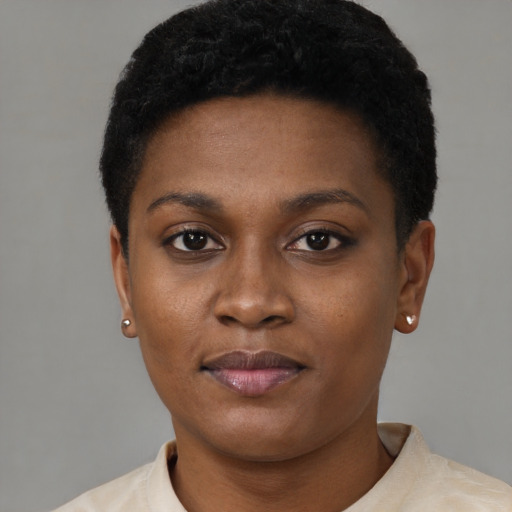 Neutral black young-adult female with short  black hair and brown eyes