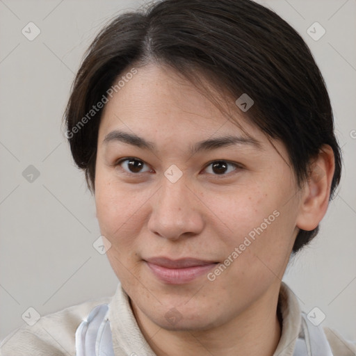 Joyful white young-adult female with medium  brown hair and brown eyes