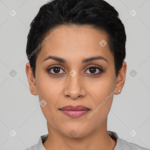 Joyful latino young-adult female with short  black hair and brown eyes