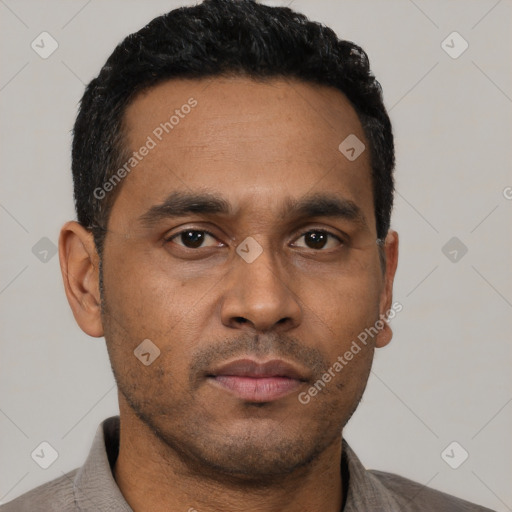 Neutral latino adult male with short  black hair and brown eyes