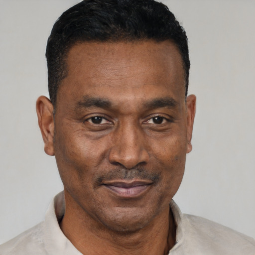 Joyful black adult male with short  black hair and brown eyes