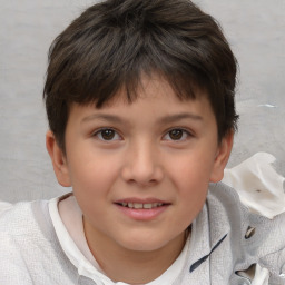 Joyful white child female with short  brown hair and brown eyes