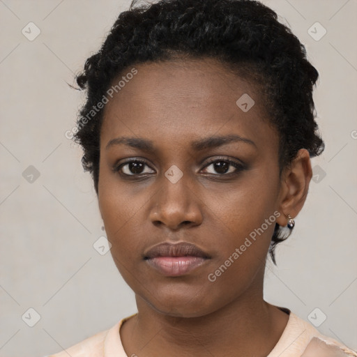 Neutral black young-adult female with short  black hair and brown eyes