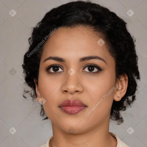 Joyful latino young-adult female with medium  black hair and brown eyes