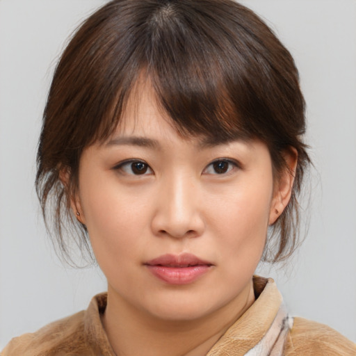 Neutral asian young-adult female with medium  brown hair and brown eyes