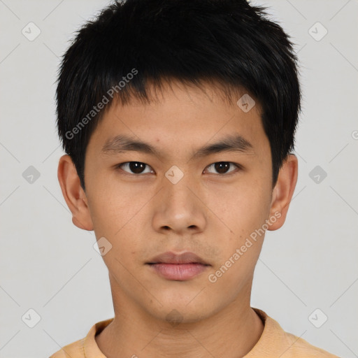 Neutral asian young-adult male with short  brown hair and brown eyes