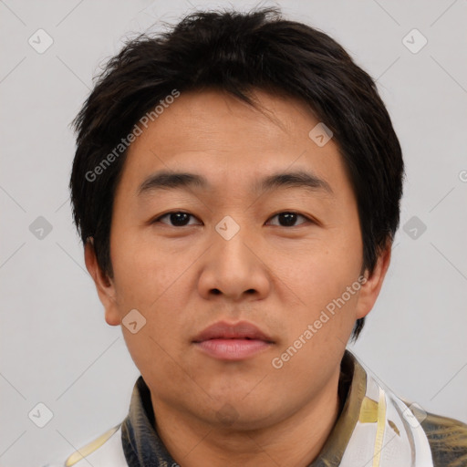 Neutral asian young-adult male with short  brown hair and brown eyes