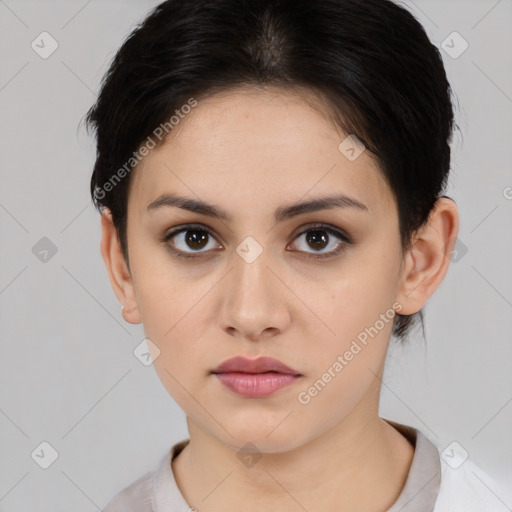 Neutral white young-adult female with medium  brown hair and brown eyes