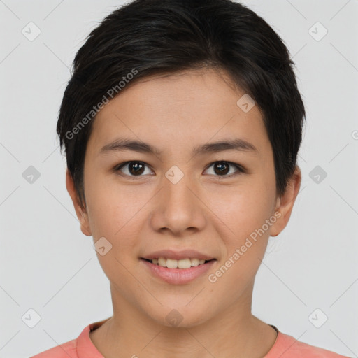 Joyful asian young-adult female with short  brown hair and brown eyes