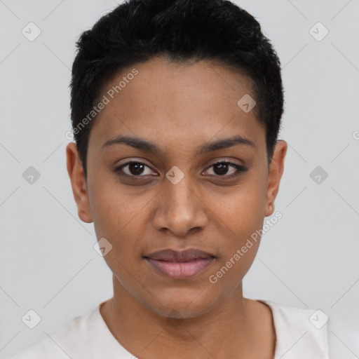 Joyful latino young-adult female with short  black hair and brown eyes