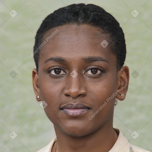 Neutral black young-adult female with short  black hair and brown eyes