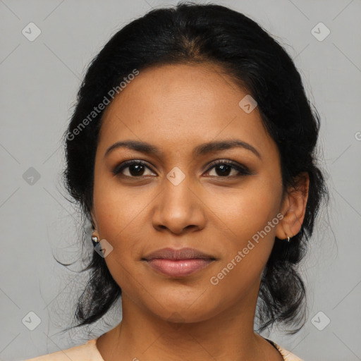 Joyful latino young-adult female with medium  black hair and brown eyes