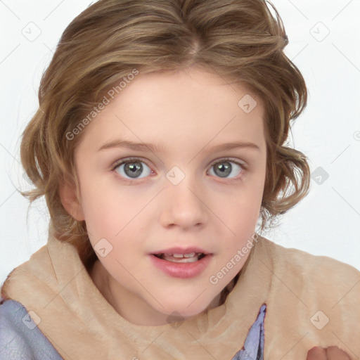 Neutral white child female with medium  brown hair and blue eyes