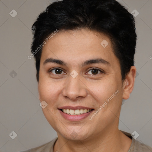 Joyful white young-adult female with short  brown hair and brown eyes