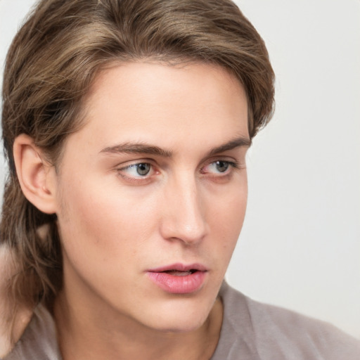 Neutral white young-adult female with medium  brown hair and grey eyes