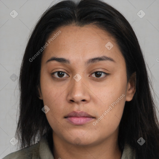 Neutral asian young-adult female with long  brown hair and brown eyes