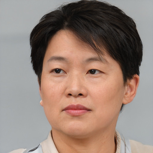 Joyful asian adult female with short  brown hair and brown eyes