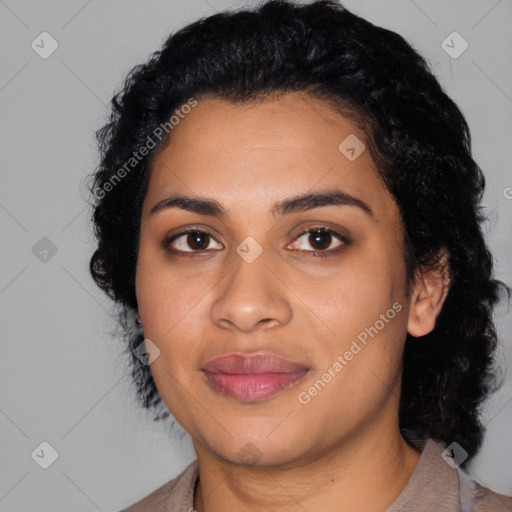 Joyful latino young-adult female with medium  black hair and brown eyes