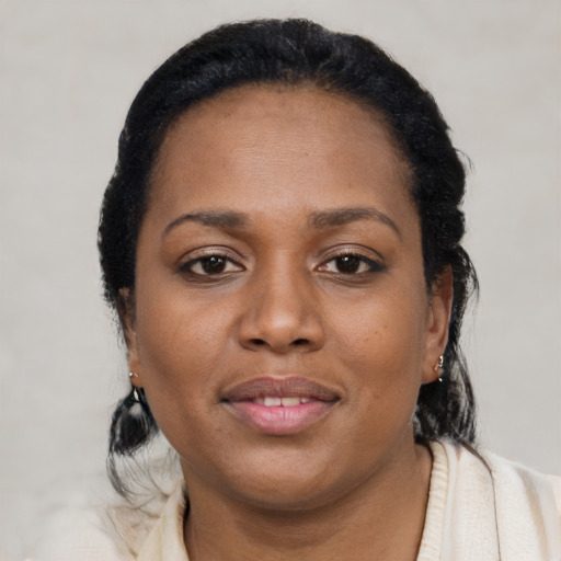 Neutral black young-adult female with short  black hair and brown eyes