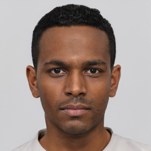 Neutral black young-adult male with short  black hair and brown eyes