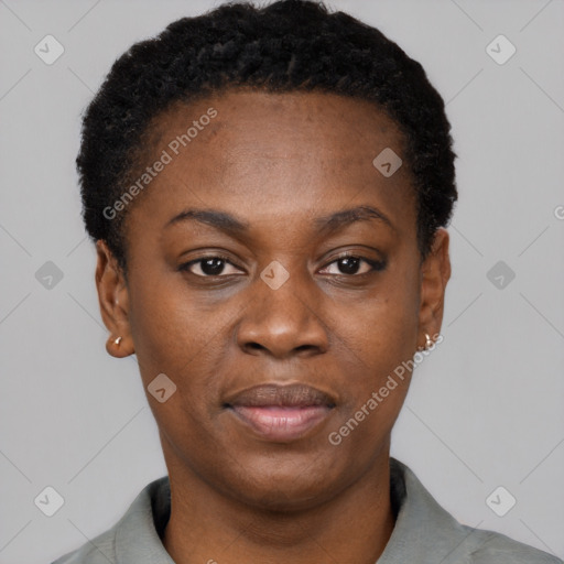 Neutral black young-adult female with short  black hair and brown eyes